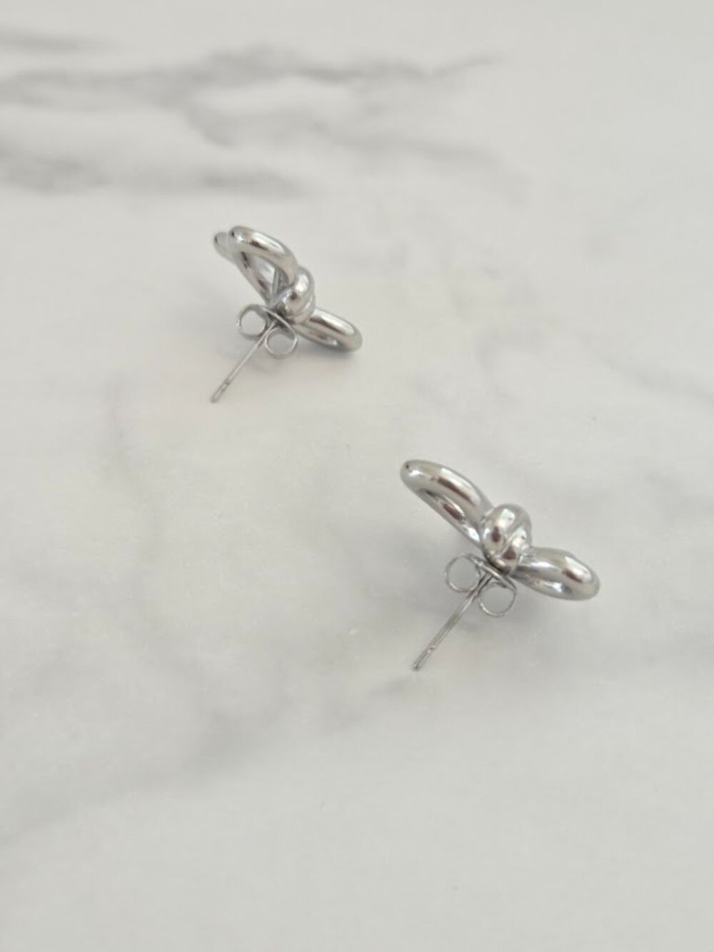 Silver Bow Stud Earrings Chunky Metallic Ribbon Coquette Statement Minimalist - Picture 4 of 8